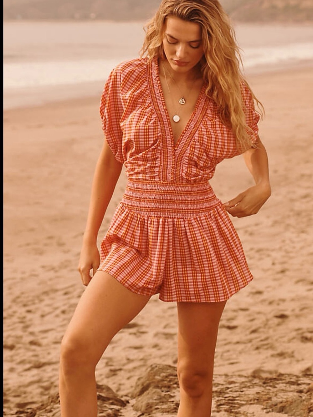 Anthropologie Pink and Orange Smocked Gingham Romper